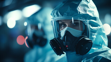 Scientist in protective PPE coveralls, goggles, mask and gloves working in medical laboratory, research, DNA, antiviral vaccine