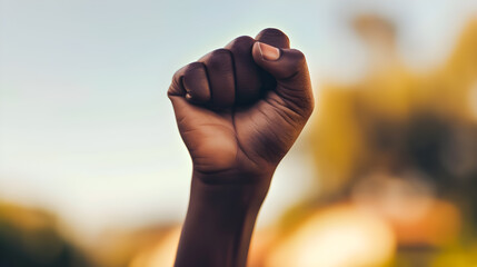 Photo of a group of black person with raised fists as a sign of fighting for their rights - obrazy, fototapety, plakaty