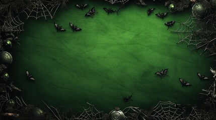 Ghoulish Halloween Decorations: Spooky Top-Down View with Ghostly Spiders and Bats on a Green Background
