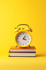 alarm clock on books on yellow background, illustration minimalism for business book created with Generative Ai