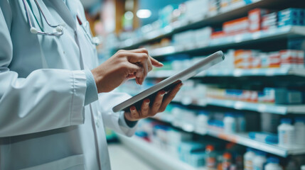 Pharmacist in a white lab coat is using a tablet in a pharmacy with shelves stocked with medications in the background. - obrazy, fototapety, plakaty