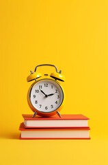 alarm clock on books on yellow background, illustration minimalism for business book created with Generative Ai