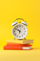 alarm clock on books on yellow background, illustration minimalism for business book created with Generative Ai