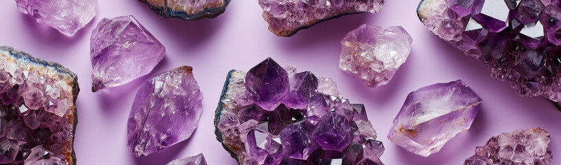 Amethyst crystals banner, beautiful shiny purple gemstones close-up luxury background. Concepts of precious gems and minerals collection, spirituality and healing. - obrazy, fototapety, plakaty