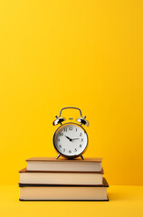 alarm clock on books on yellow background, illustration minimalism for business book created with Generative Ai