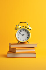 alarm clock on books on yellow background, illustration minimalism for business book created with Generative Ai