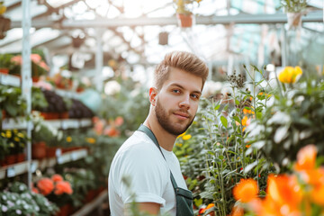 Happy and smiling gardener in e greenhouse, Joy in work, passion for gardening, connection to nature concept 