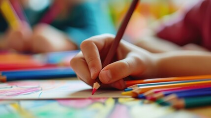 A kid hand using colored pencils drawing on paper. Blurry kindergarten class as background... - obrazy, fototapety, plakaty