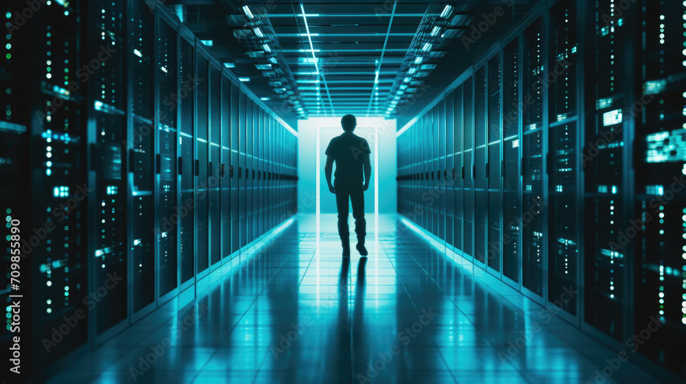 Poster silhouette of a person standing in the middle of a data center aisle, flanked by server racks with g
