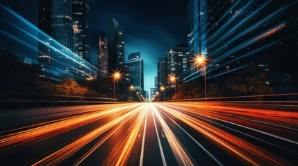 Fotobehang Snelweg bij nacht Long exposure photo of a night road in a metropolis. Nighttime atmospheric light from cars. Generative AI