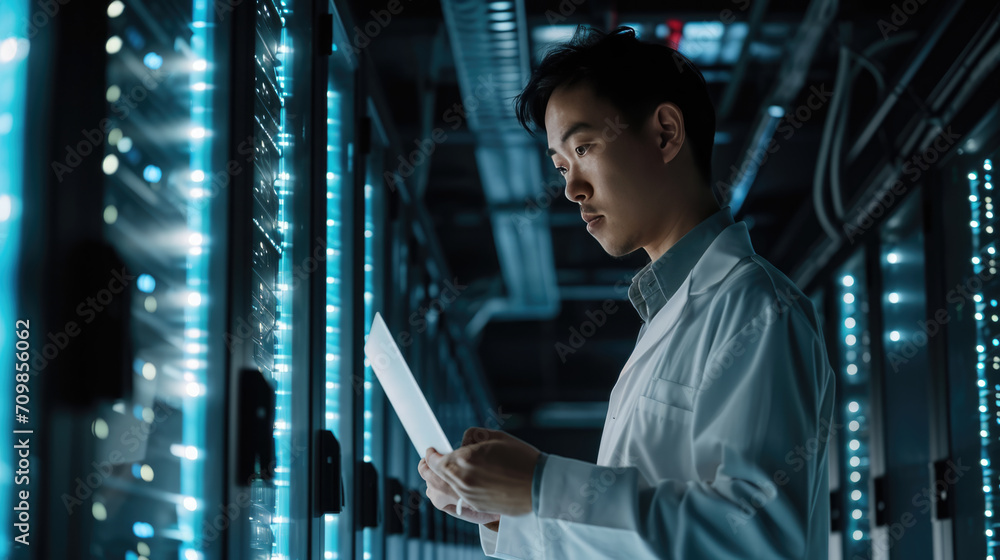 Aufkleber focused it professional using a laptop while standing in a server room with racks of network equipme