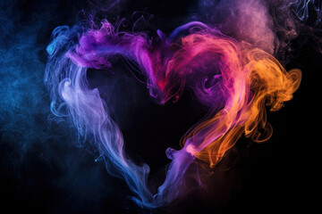 Fototapeta premium Heart made of colourful smoke on a black background, Valentine concept, copy space 