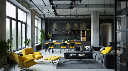 Design a visually striking and modern house interior in loft style, featuring a combination of a black concrete wall and vibrant yellow elements. - Powered by Adobe