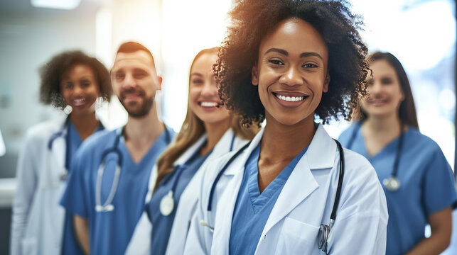 Diverse group of medical professionals, with a doctor in a white lab coat and stethoscope at the forefront, smiling at the camera.