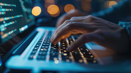 Close-up of a person's hands typing on a laptop keyboard - obrazy, fototapety, plakaty