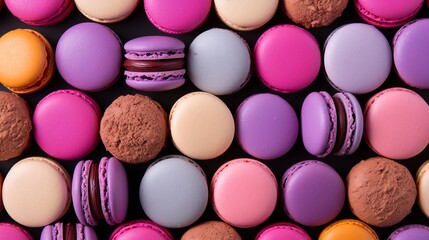 Obraz premium Colorful macaron cake with sweet macaroon pattern, top view flat lay, food background
