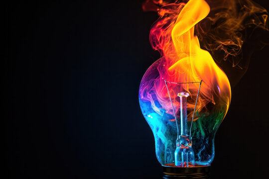 Lamp with colourful smoke on the black background , Concept of creativity and artistry