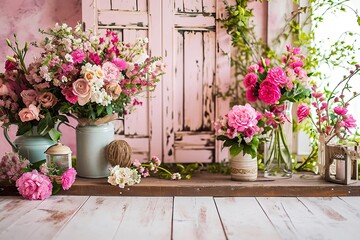 spring set up with colourful flowers pink , vintage wood parquet.