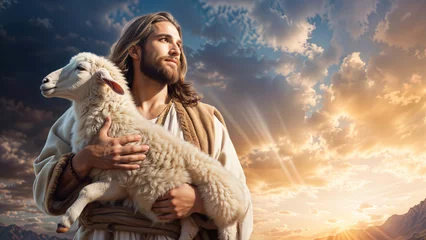 Poster Jesus Christ holding a lost sheep, carrying a sheep in his arms, christianity, religion and faith concept © OpticalDesign