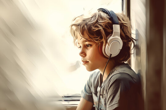 Boy listening to music with sketch effect