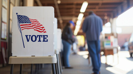 Voting booth with 'VOTE' signage and American flag, with individuals in background.