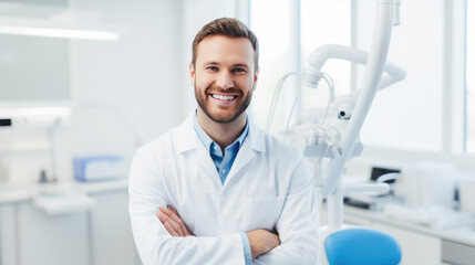 Cheerful dentist man wearing a lab coat standing in a dental clinic with a dental chair and equipment in the background.
