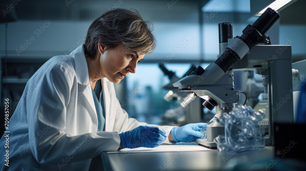 Aufkleber focused scientist using a pipette in a laboratory setting with a microscope and test tubes visible, 