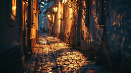 a narrow, empty street of the old town lit by lanterns