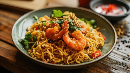 Fried noodle with fried shrimps as toping. served in the plate