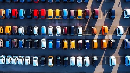 Aerial view of new cars stock at factory parking lot.  - obrazy, fototapety, plakaty