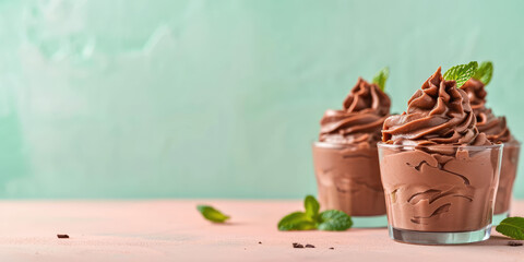Chocolate Mousse Delight. Velvety chocolate mousse garnished with chocolate shavings and a mint leaf on flat kitchen background with copy space. - obrazy, fototapety, plakaty