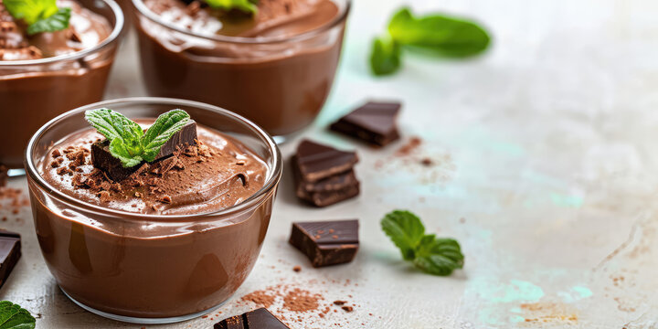 Chocolate Mousse Delight. Velvety chocolate mousse garnished with chocolate shavings and a mint leaf on kitchen interior background with copy space. - Powered by Adobe