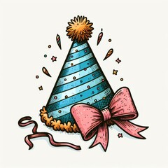 hand drawn birthday cone hat illustration in colorful vintage style isolated on white background