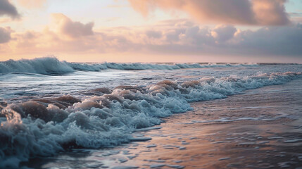 Fototapeta premium beautiful sea waves hitting the sandy shore against the background of an incredibly beautiful sky with a light pink tint at sunset