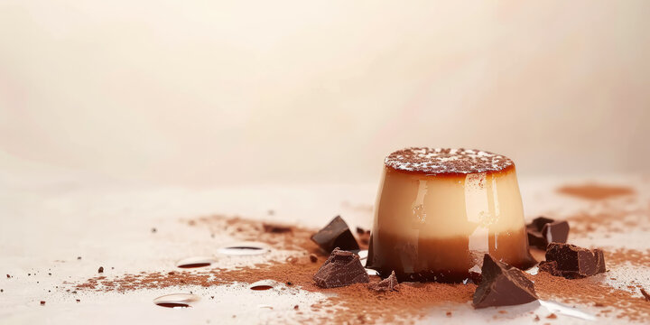 Closeup cake chocoflan, flan with chocolate powder, choco mousse sponge cake, delicious sweet dessert on kitchen background with copy space.