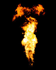 Fire jet goes from gas burner. Flame isolated on black