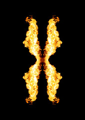 Fire cross, X symbol, flame isolated on black