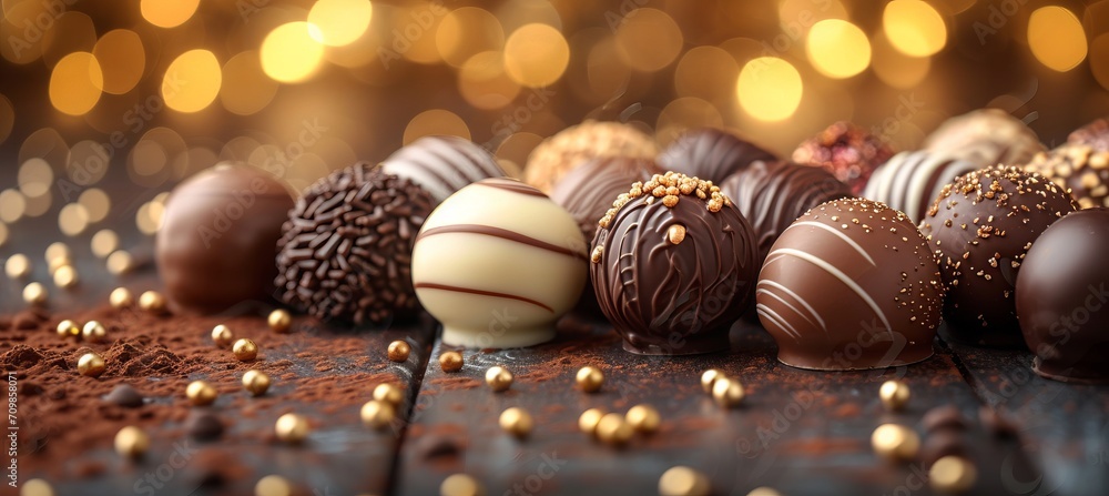 Aufkleber assorted chocolates on blurred bokeh background sweet candy treats and empty space for text