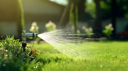 Automatic lawn sprinkler watering green grass. Sprinkler with automatic system. Garden irrigation system watering lawn. Water saving or water conservation from sprinkler system with adjustable head. - obrazy, fototapety, plakaty