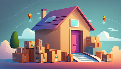 3D Moving and relocation concept. House and cardboard boxes. Searching for home to rent or buy. Parcel tracking to door