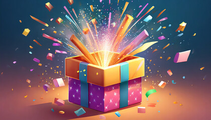 3D Open Gift box with explosion Fireworks. Birthday surprise inside. Prize with confetti. Celebration present. Magic bonus. Cartoon creative design icon. - obrazy, fototapety, plakaty