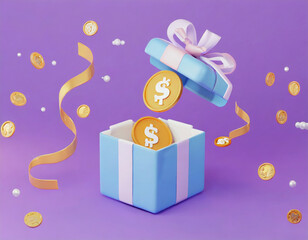 3D Open gift box with floating gold coin and serpentine ribbon. Cash surprise box. Money prize reward. Loyalty program concept. Cartoon creative design icon isolated on white background. 3D Rendering