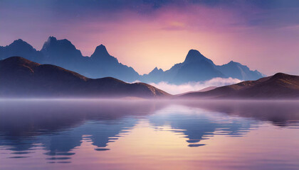 Fototapeta na wymiar 3d render, fantasy landscape panorama with mountains reflecting in the water. Abstract background. Spiritual zen wallpaper with skyline