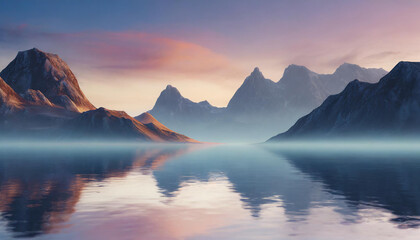 Fototapeta na wymiar 3d render, fantasy landscape panorama with mountains reflecting in the water. Abstract background. Spiritual zen wallpaper with skyline