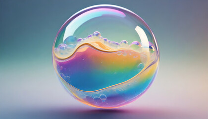 3D Soap bubble floating on white background. Water foam bubbles with rainbow colors