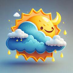 3D Weather set emoji icon. Cloud with sun, rain, moon and lightning. Meteo forecast graphic symbol for app and web. Cartoon creative design icon isolated on white background