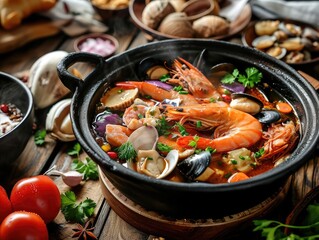 Seafood hotpot served on the wooden table.