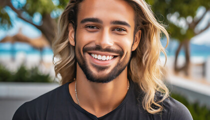 a closeup photo portrait of a handsome latino man smiling with clean teeth. for a dental ad. guy with long stylish hair and beard with strong jawline - obrazy, fototapety, plakaty