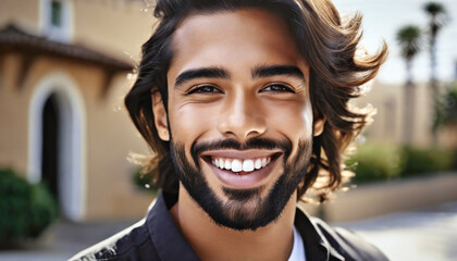 a closeup photo portrait of a handsome latino man smiling with clean teeth. for a dental ad. guy with long stylish hair and beard with strong jawline - obrazy, fototapety, plakaty