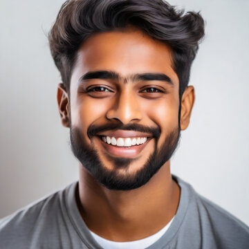 a closeup photo portrait of a handsome indian man smiling with clean teeth. used for a dental ad. guy with fresh stylish hair and beard with strong jawline. isolated on white background
